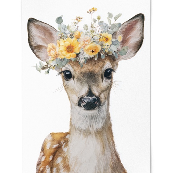 Watercolor Deer with Flower Wreath Illustration Wall Art Print Poster, Unframed - Picture 2 of 6